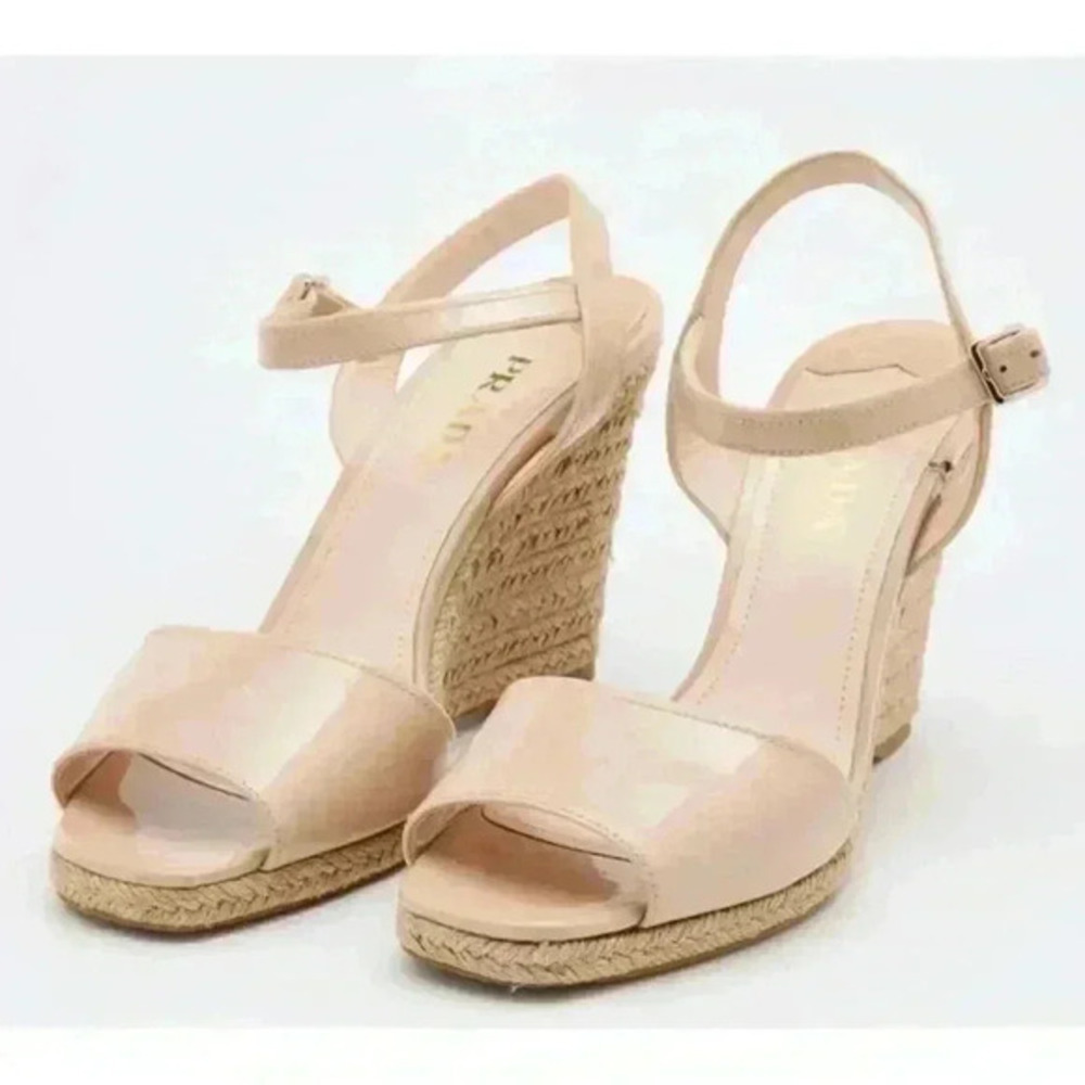 Prada Beige Patent Leather Espadrille Platform Wedge Ankle Strap Sandals Size 37